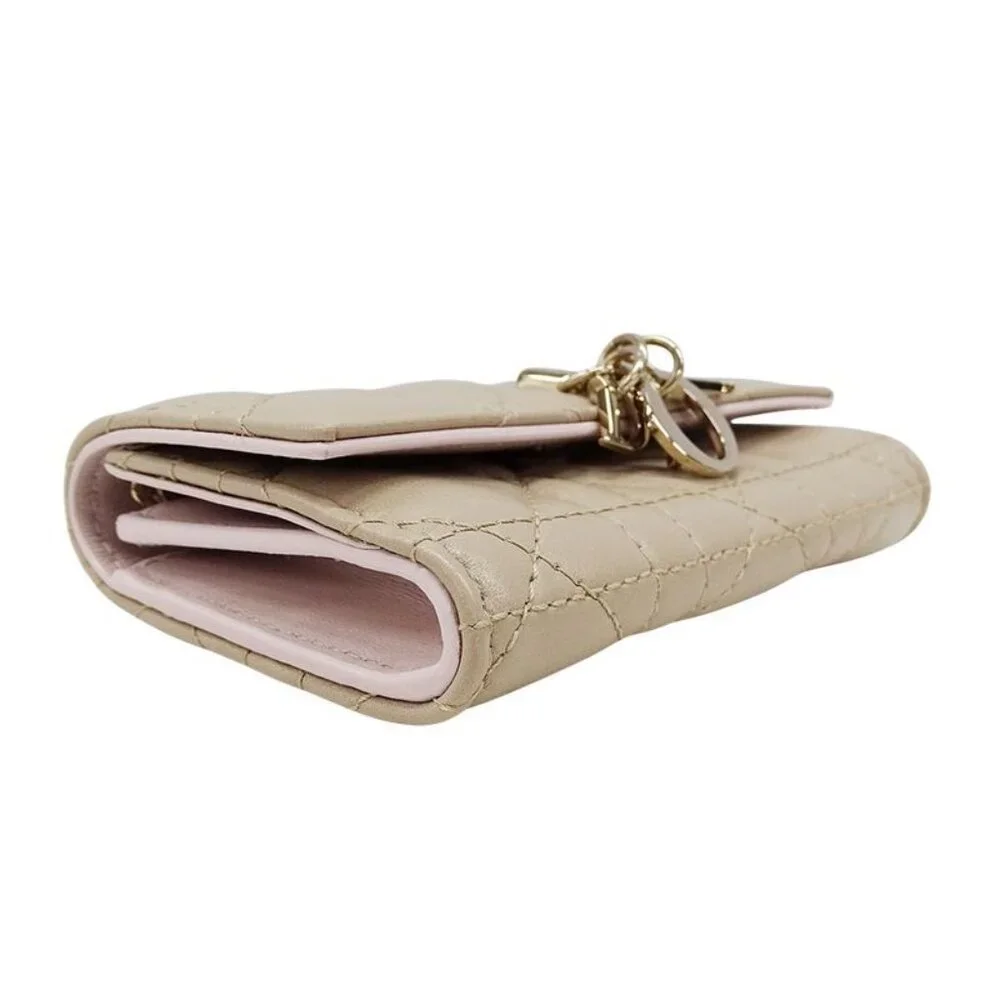 Dior Wallet Coin Case Cannage Leather Beige Small Compact Quilted
